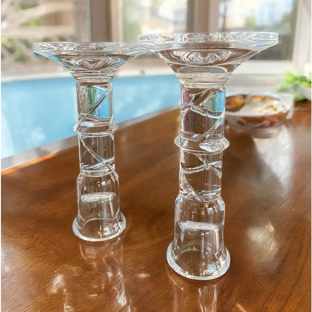 Vintage Clear Glass Bamboo Twist Candlestick Holders - Pair 6”